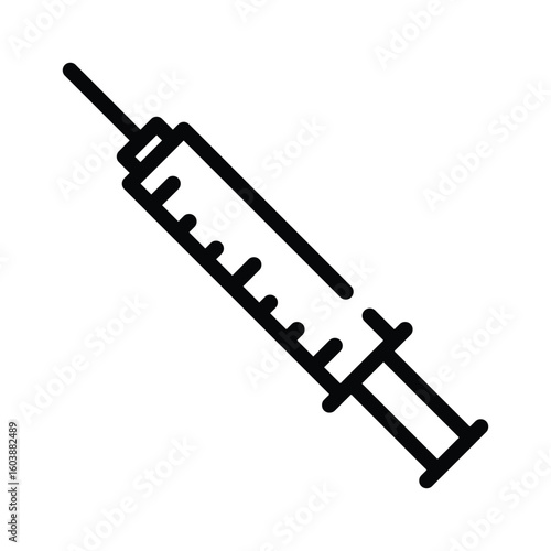 Syringe icon hypodermic needle with markings black outline white background