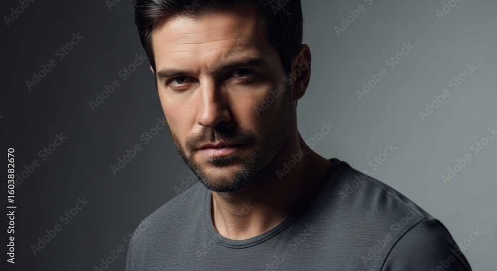 Fototapeta premium A striking portrait of a handsome man with intense eyes and a beard captured in studio lighting