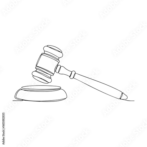 Auction gavel and block drawn in one line minimal vector style, symbolizing law, justice, and legal decisions