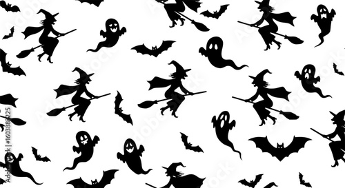 seamless pattern, full shot, silhouette, black silhouettes of witches flying on broomsticks, ghosts , isolated on white background,

