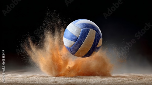 Volleyball is in the air and has landed in a pile of sand. The scene is dynamic and energetic, with the ball's trajectory and the sand's movement creating a sense of motion and action