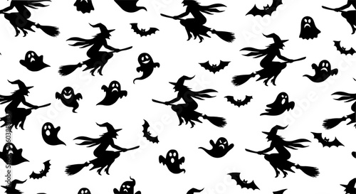 seamless pattern, full shot, silhouette, black silhouettes of witches flying on broomsticks, ghosts , isolated on white background,

