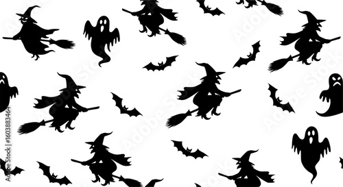seamless pattern, full shot, silhouette, black silhouettes of witches flying on broomsticks, ghosts , isolated on white background,

