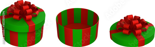 closed and open Christmas gift box with red and green stripes. isolated christmas present
