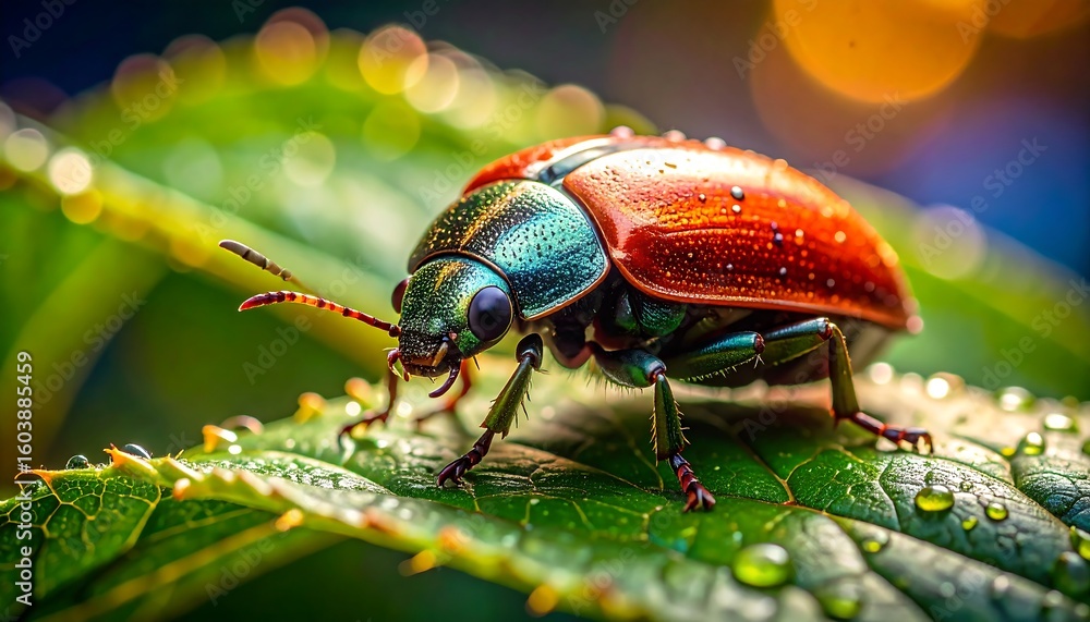 Fototapeta premium Close-up of a colorful beetle on a dewy leaf