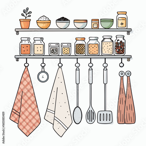 Simple Kitchen Decor Vector: Utensils, Jars, Hanging Towels, Home Organization Art