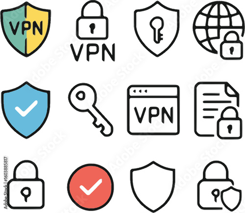 vpn and cyber security icon pack with shields padlocks and network protection symbols