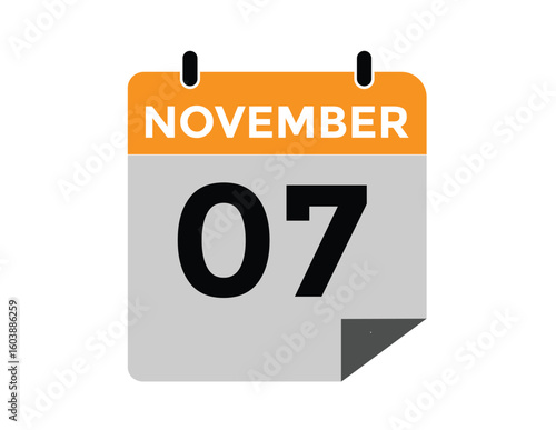 7 November, calendar date icon. 7 November Calendar Date for Deadlines or Appointment. Day, month. vector illustration.
