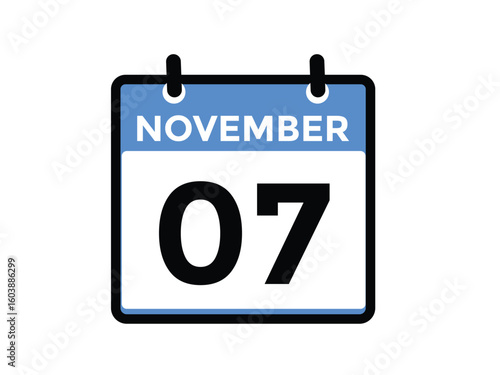 7 November, calendar date icon. 7 November Calendar Date for Deadlines or Appointment. Day, month. vector illustration.
