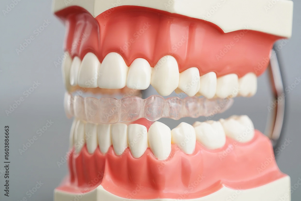 Dental model with clear aligner tray teeth gums Dental model with clear aligner tray teeth gums