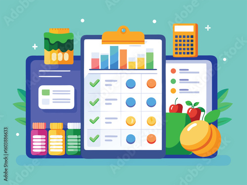 Digital planner with categorized budget bars groceries and calculator checklist