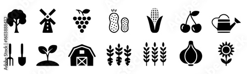 Farm icons including tree windmill grapes peanuts corn cherries watering can fork shovel seedling barn carrots wheat garlic sunflower