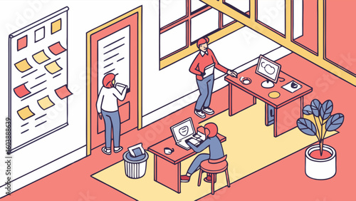 Creative modern workspace with collaborative team members engaging in discussions and utilizing digital tools in a vibrant office environment for innovative productivity and teamwork enhancement