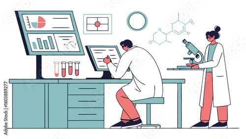 Innovative Modern Laboratory Scene Featuring Researchers Analyzing Data Using Advanced Scientific Instruments and Graphs in a Minimalist Vector Illustration for Scientific Research and Laboratory