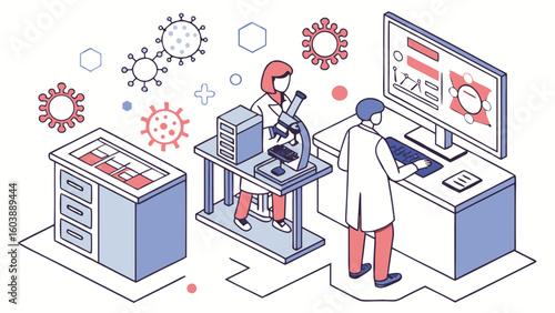 Innovative Vector Illustration of Modern COVID-19 Laboratory Research Focusing on Viral Testing and Scientific Analysis in a Minimalist Style for Scientific and Medical Communication