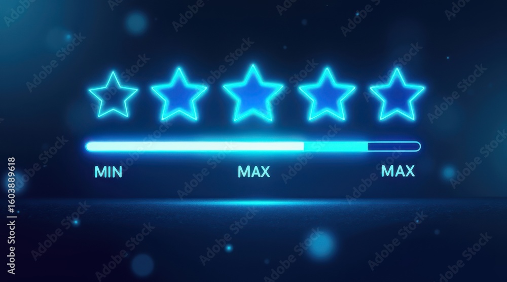 Obraz premium Five star rating system with neon blue stars and progress bar