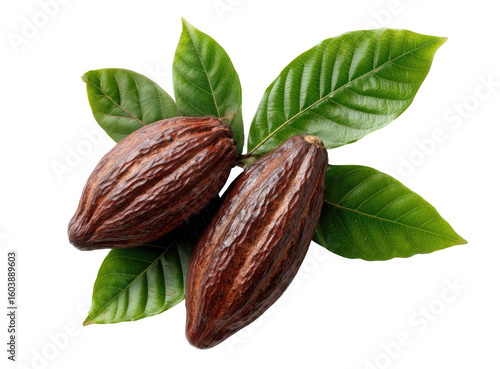 Two cacao pods, rich brown, nestled among vibrant green leaves