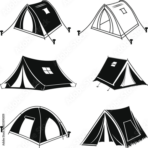 Camping Tent Silhouette, Camping Tent Svg, Hiking Tent Clipart, Collection of Camping Tents Black and White Silhouette Illustrations