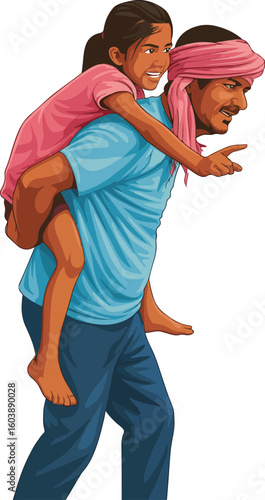 Young rural Indian father carrying daughter on shoulder as piggy back vector illustration