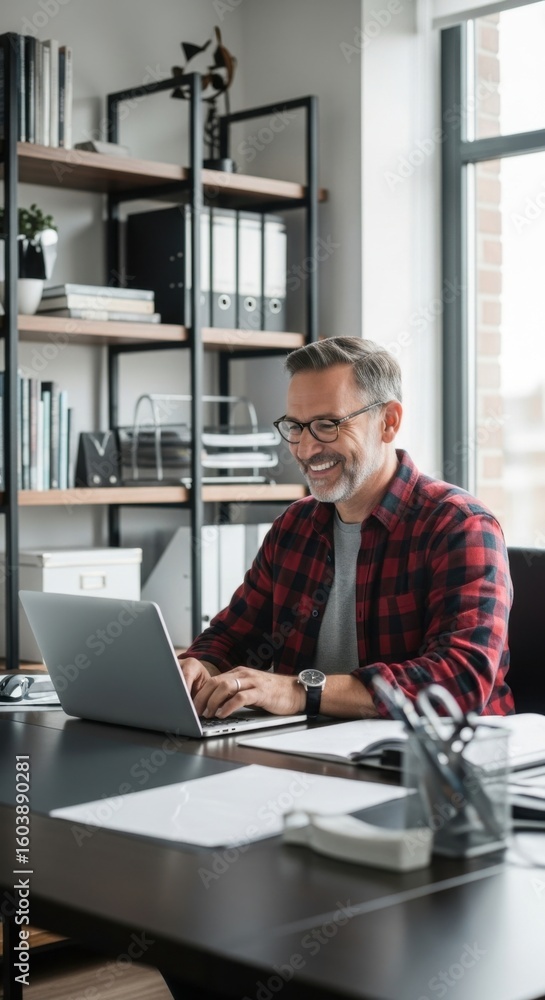 Mature man happily working on a laptop at his desk in a modern office Mature man happily working on a laptop at his desk in a modern office