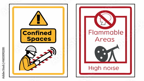 Minimalist Vector Icons for Safety Warning Signs Confinement and Flammable Areas Clear Visual Communication for Industrial Safety and Hazard Prevention in Work Environments