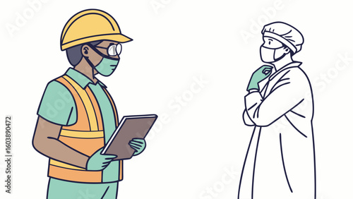 Minimalist vector illustration depicting a construction worker with safety gear and a healthcare professional wearing a mask engaged in safety communication concept