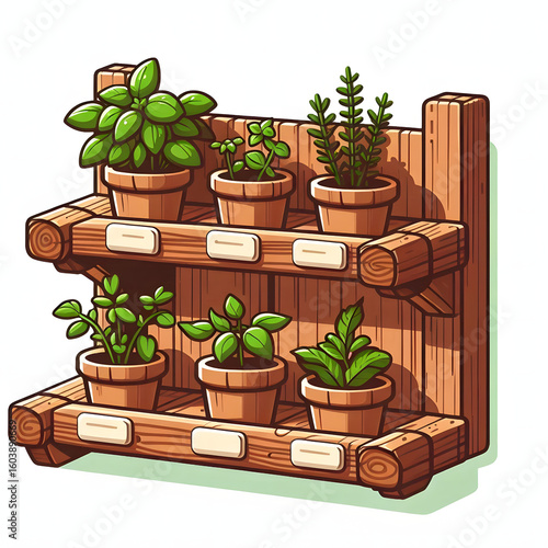 Flat Vector Wooden Herb Rack with Potted Plants Isolated on White Background
