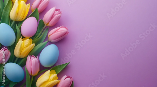 Pastel Easter eggs and tulips on purple background spring flowers holiday decoration