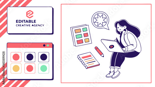 Illustration of editable creative agency logo, color palette, and woman designing with laptop and sketchpad