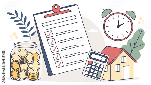 Minimalist vector illustration depicting financial planning with checklist coins house clock and calculator for home budget management and personal finance illustration
