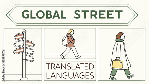 Minimalist Vector Illustration Depicting Global Street Scene with Pedestrians Signpost and Translated Languages in Contemporary Design for Creative Visual Content