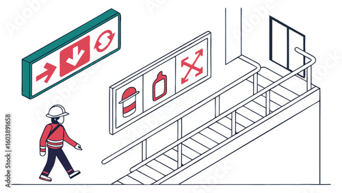 Minimalist Vector Illustration Depicting Modern Airport Signage and Passenger Navigating Escalator for Clear Directional Guidance in Travel Settings
