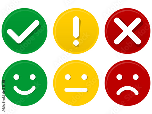 Checklist Tick, Alert Exclamation Mark, and Error Cross Symbol with Emoticon Face Icons in Round Colorful Button Style Vector Illustration on White