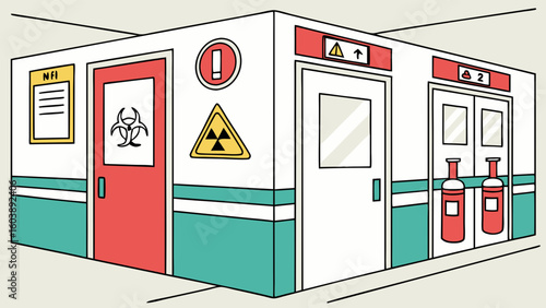 Minimalist vector illustration of a clinical healthcare facility with safety protocols including biohazard symbols and fire extinguishers modern healthcare design concept