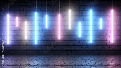 Fototapeta Naklejka Na Ścianę i Meble -  Neon lights hanging from a dark brick wall