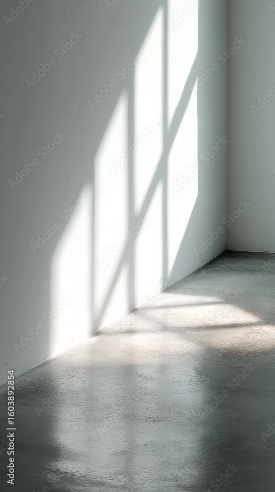 Obraz premium Empty corner of white room with soft daylight and shadow cast from large window ideal for minimal interior design visuals, architectural photography and peaceful atmosphere compositions