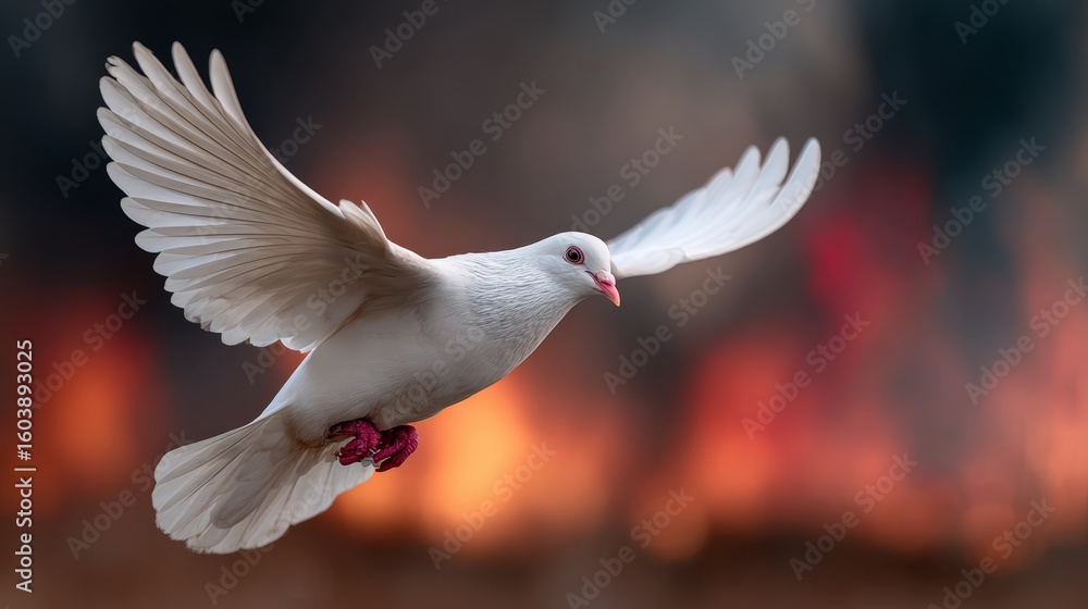 Obraz premium White dove flies through a fiery sky. Concept of freedom and hope, as the dove is often associated with peace and purity. The contrast between the white dove