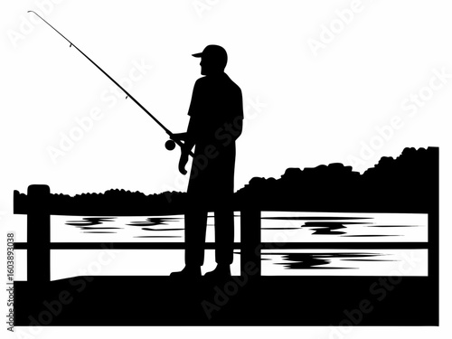 Man Fishing Silhouette on Lake Pier – Vector Outdoor Scene