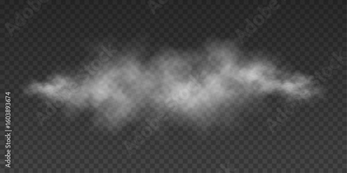 Realistic soft white fog or light smoke effect on transparent background. Misty atmosphere element for overlaying on images, dramatic scenes and cinematic visual effects. Vector illustration.
