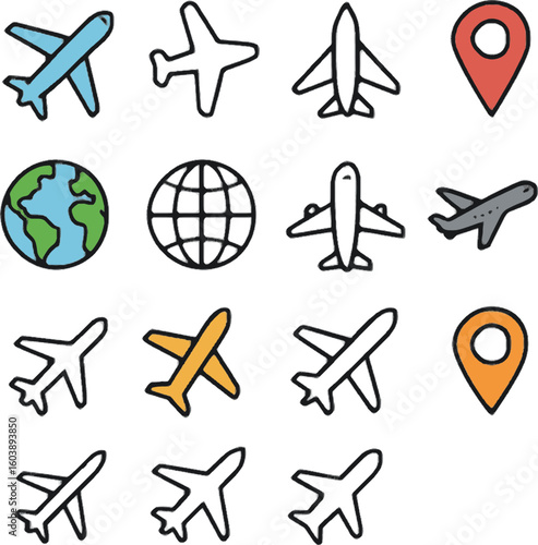 location and travel icon collection with globe airplane and map pins in various styles
