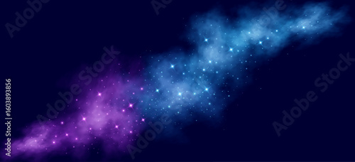 Abstract cosmic background with purple and blue glowing stars. Colorful nebula clouds on a dark sky. Abstract galaxy backdrop for sci-fi, fantasy or space designs. Vector illustration.