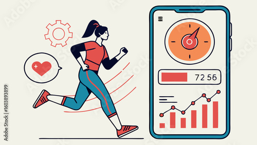 Minimalist Vector Illustration of a Woman Running with Fitness Tracker on Smartphone Highlighting Health and Fitness Monitoring Across Digital Devices in a Modern and Clean Style for Wellness