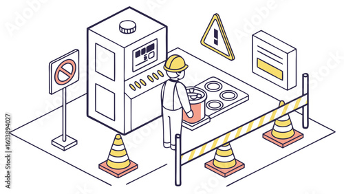 Minimalist Vector Illustration of a Worker Operating Industrial Washing Machine in a Safety Zone Operational Setup for Industrial Laundering or Fabric Processing Line with Caution Indicators