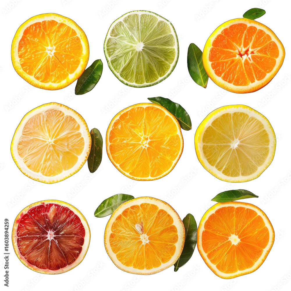 Fototapeta premium Citrus fruit slices, top view. Colorful citrus, vibrant, arranged in grid pattern