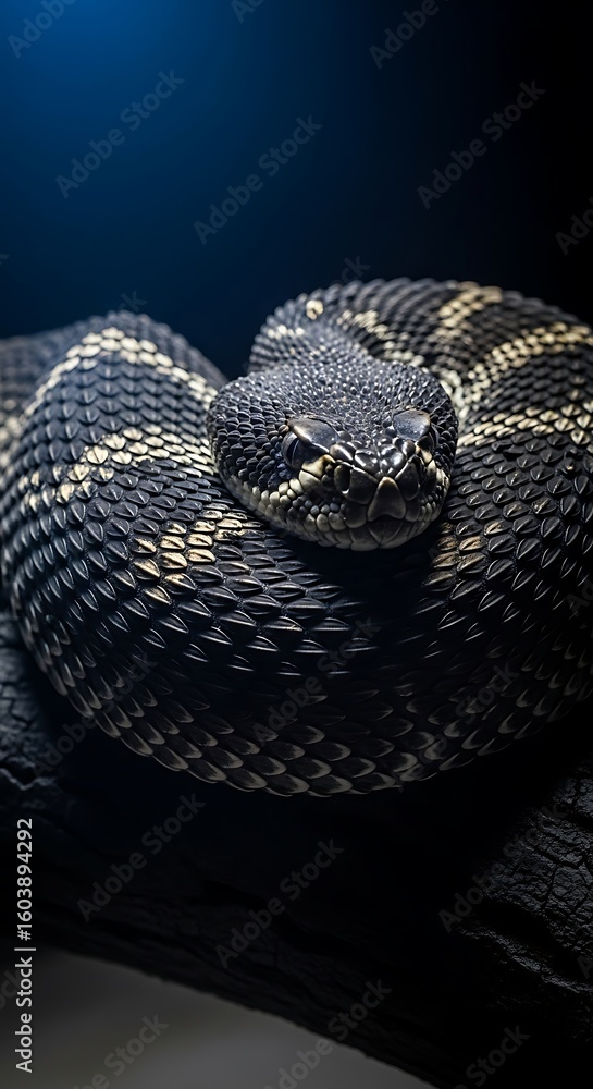 Obraz premium Detailed Scales of a Coiled Snake Ready to Strike, The Beauty and Danger of a Snake's Coiled Form in Dramatic Lighting