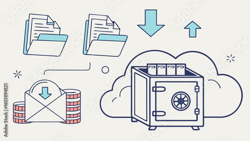 Minimalist Vector Illustration of Data Storage and Cloud Security Concepts for Digital Information Management