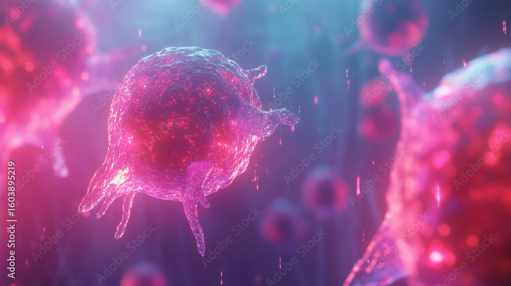 Fototapeta premium Microscopic view of glowing pink and purple biological cells in a vibrant abstract science background