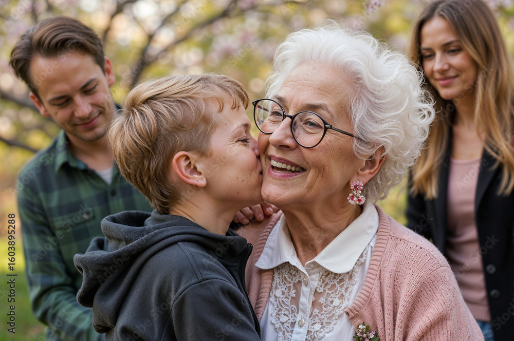 A young boy affectionately kisses his smiling grandmother during a family outing in a park. Two adults stand behind them, sharing in the joyful moment among blooming cherry trees. A young boy affectionately kisses his smiling grandmother during a family outing in a park. Two adults stand behind them, sharing in the joyful moment among blooming cherry trees.