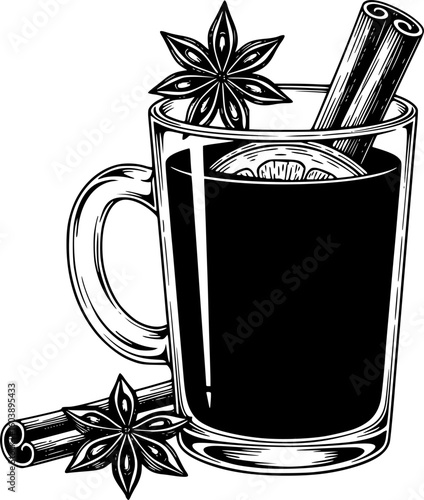 a glass of mulled wine with cinnamon sticks and star anise, black vector, vector illustration, traditional drink, simple background, clean lines
