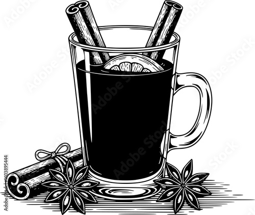 a glass of mulled wine with cinnamon sticks and star anise, black vector, vector illustration, traditional drink, simple background, clean lines
